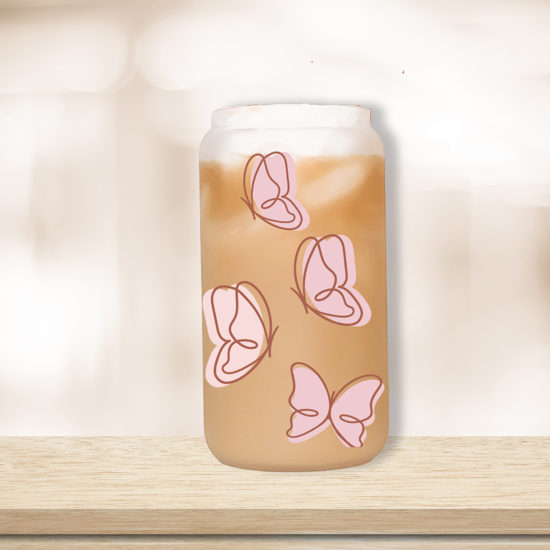 20 oz Pink Butterfly Glass Cup