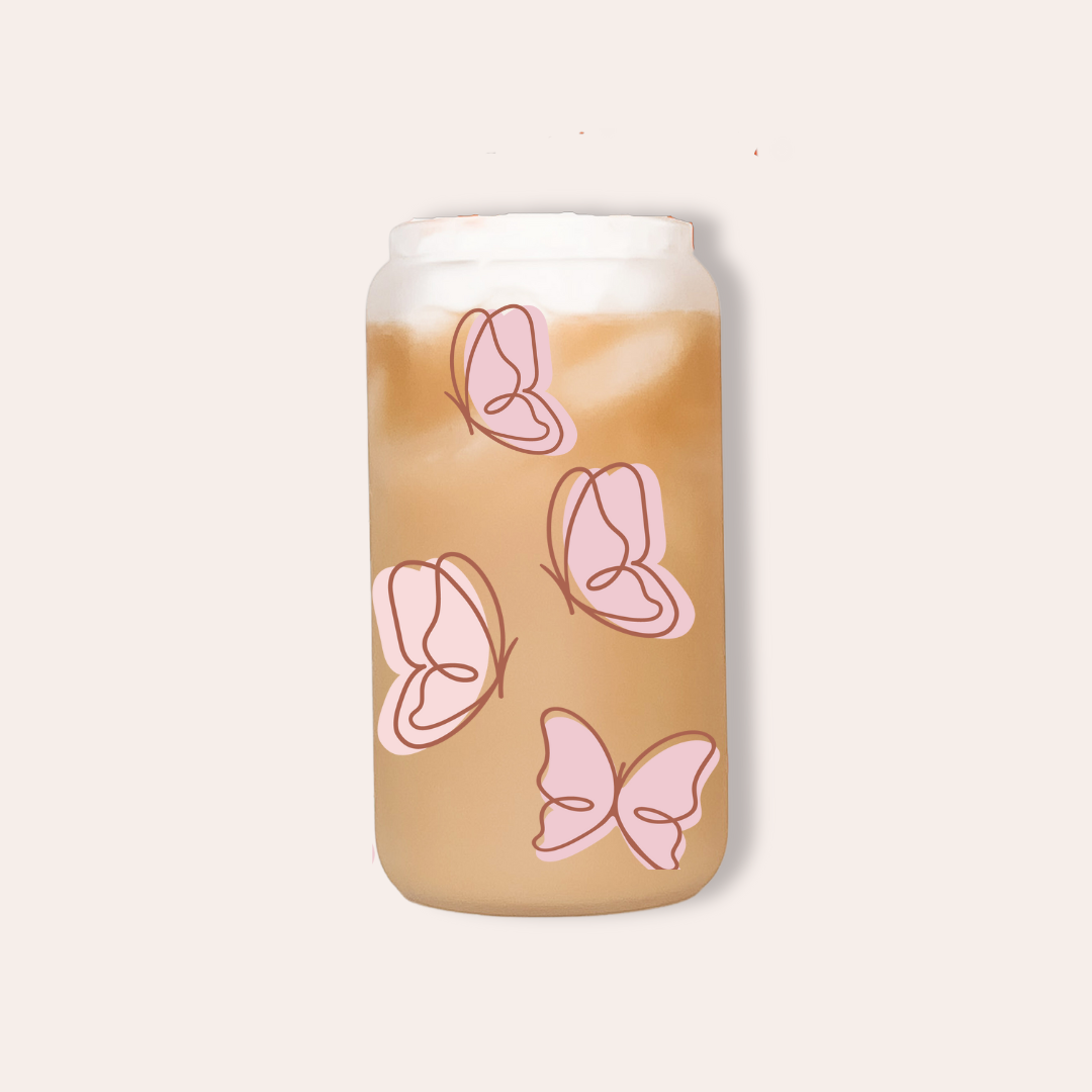 20 oz Pink Butterfly Glass Cup